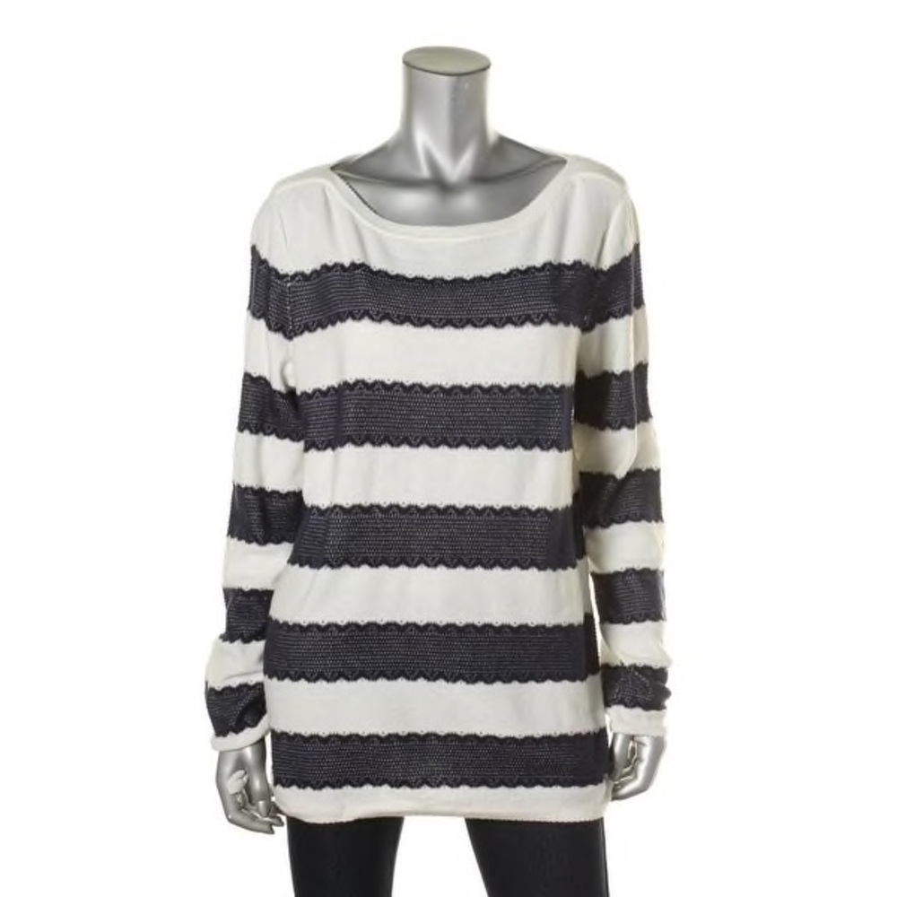 White & navy blue sweater (lace-like detail)